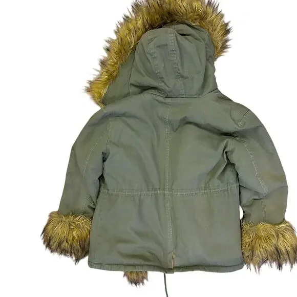 Vintage Olive Green Faux Fur Parka Coat Y2K Boho Festival Jacket Street Style - Picture 11 of 12